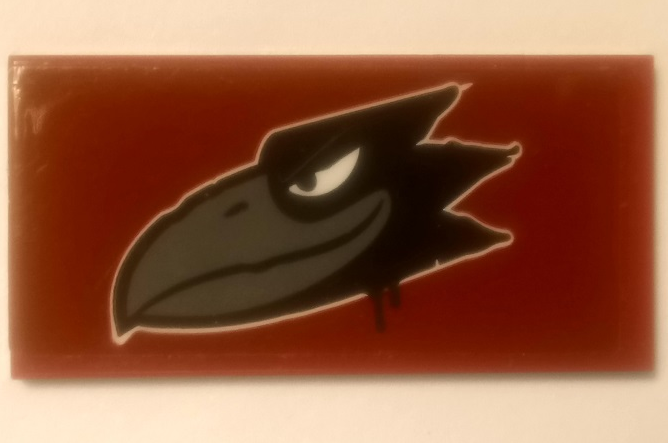 Lego Tile 2 x 4 with Black Raven Head on Dark Red Background Pattern Model Left Side (Sticker) - Set 60209 / Dark Red