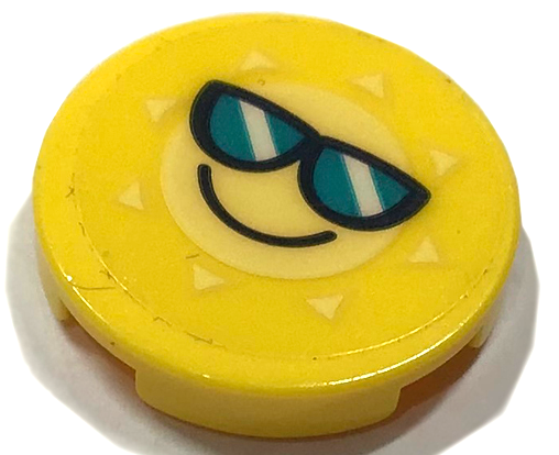 Lego Tile, Round 2 x 2 with Bottom Stud Holder with Bright Light Yellow Sun with Dark Turquoise Sunglasses and Smile Pattern (Sticker) - Sets 41411 / 41413 / 41414 / Yellow