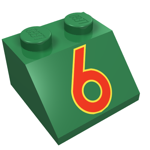 Lego Brick Sloped 45° 2 x 2 with Red/Yellow '6' Print / Green