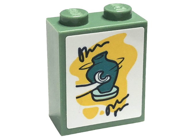 Lego Brick 1 x 2 x 2 with Inside Stud Holder with Pottery with Dark Turquoise Vase and White Hand on Yellow Background Pattern (Sticker) - Set 41711