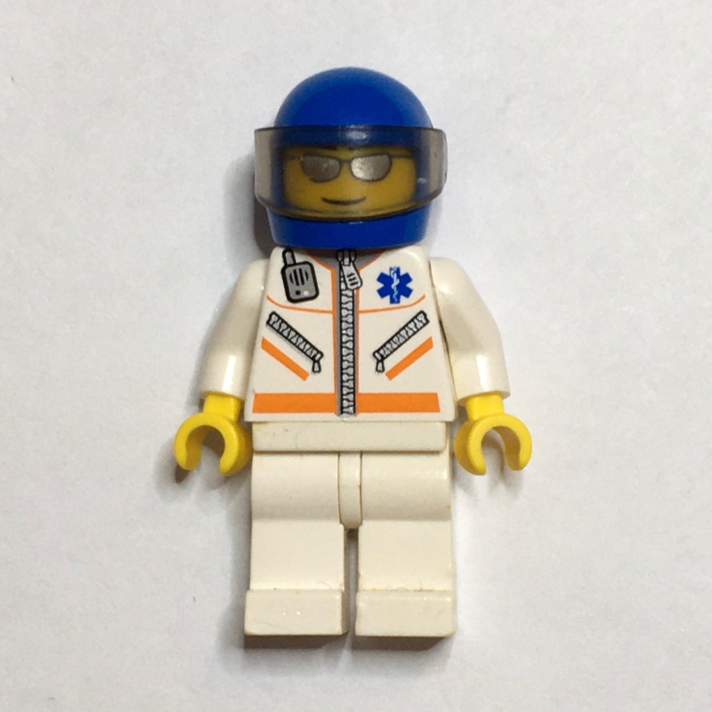 Lego Paramedic, White Jacket with Zipper, Radio and Star of Life, Blue Helmet with Visor, Silver Sunglasses