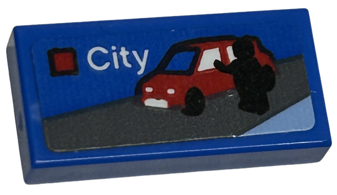 Lego Tile 1 x 2 with LEGO City Set Box Art, Black Minifigure Silhouette and Red Car with White Side Windows Pattern (Sticker) - Set 40574