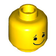 Lego Minifig Head Benny, Dual Sided, Closed Eyes, Smiling with Tongue / Black Eyes, Eyebrows and Wide Closed Mouth Smile Print [Hollow Stud] / Yellow
