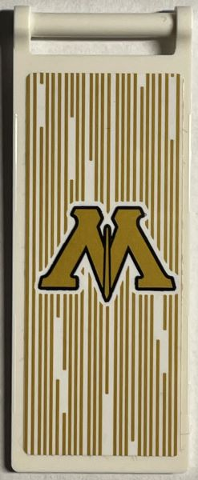 Lego Flag 7 x 3 with Bar Handle with Gold Capital Letter M (Ministry of Magic Logo) and Lines Pattern (Sticker) - Set 76403 / White