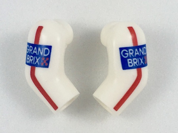 Lego Arm, (Matching Left and Right) Pair with Red Stripe and 'GRAND BRIX' Pattern / White