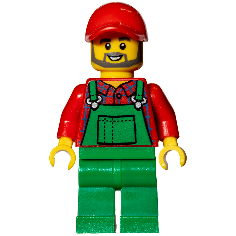 Lego Man, Green Overalls over Red Shirt, Red Cap, Beard