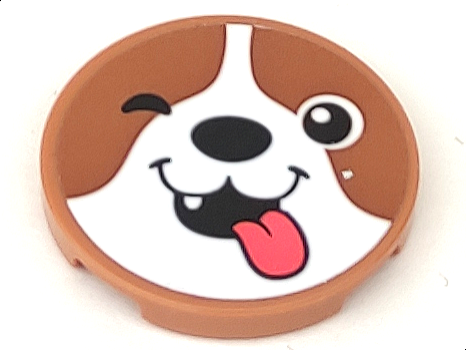 Lego Tile, Round 3 x 3 with Winking Dog Face with Coral Tongue, Black Nose and Mouth Pattern (Sticker) - Set 41699