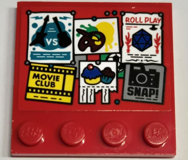 Lego Tile, Modified 4 x 4 with Studs on Edge with Bulletin Board / Pinboard, Posters, 'ROLL PLAY', 'MOVIE CLUB' and 'SNAP!' Pattern (Sticker) - Set 60329 / Red