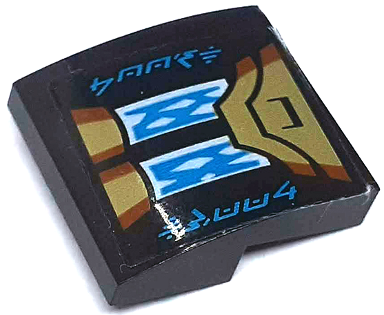 Lego Slope, Curved 2 x 2 x 2/3 with Gold Armor Plates, Medium Azure Energy Bars and Ninjago Logogram 'BOOST' Pattern (Sticker) - Set 71770 / Black