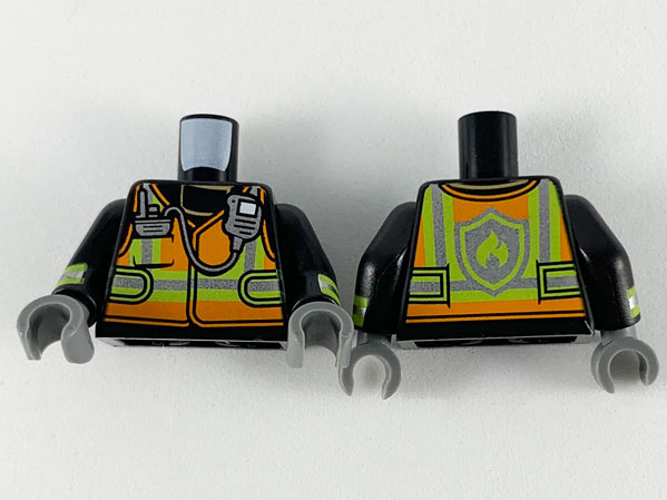 Lego Torso Orange Vest with Silver and Lime Stripes and Silver Radio Pattern / Black Arms with Reflective Stripes Pattern / Dark Bluish Gray Hands