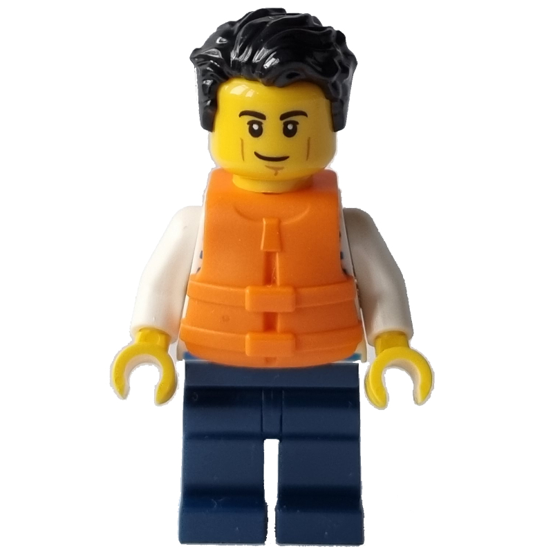 Lego Man, Sailor, Dark Blue Striped Shirt, Dark Blue Legs, Orange Life Vest