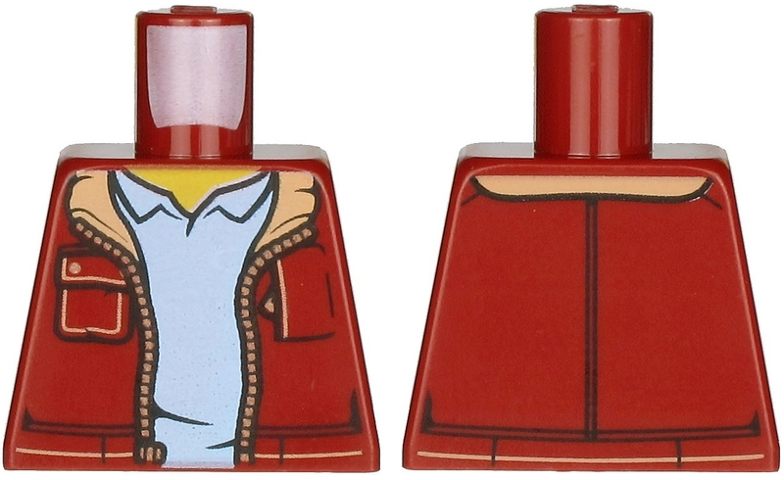 Lego Torso Jacket Open with Pockets, Copper Zipper and Medium Nougat Collar, Bright Light Blue Shirt, Yellow Neck Pattern / Dark Red