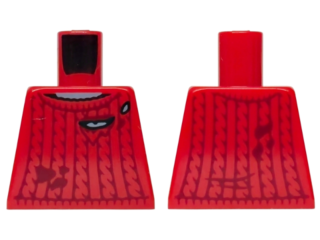 Lego Torso Sweater with Dark Red Knit and Stains, Torn over Sand Blue Shirt Pattern / Red
