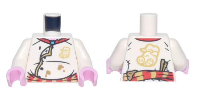 Lego Torso Chef Jacket with Red and Gold Striped Belt, Dark Tan Splotches, and Pigsy Logo Pattern / White Arms / Bright Pink Hands