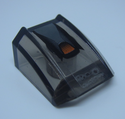 Lego Slope, Curved 2 x 2 Lip with Black, Dark Bluish Gray and Orange Pattern (Sticker) - Set 75892 / Trans-Brown