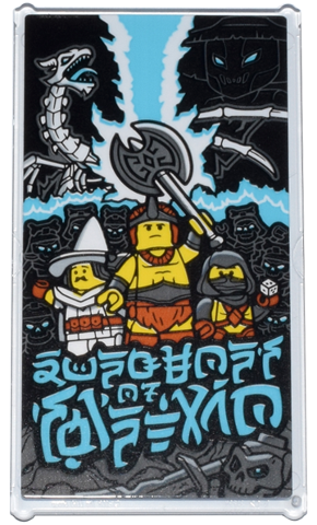 Lego Glass for Window 1 x 4 x 6 with Medium Azure Ninjago Logogram 'DUNGEONS OF SHINTARO', Minifigures with Axe, White Skeleton Dragon Pattern (Sticker) - Set 71837 / Trans-Clear