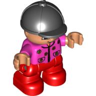 Lego Duplo Figure Child with Riding Helmet Black, with Red Legs, Dark Pink Top with Flowers, with Glasses Print