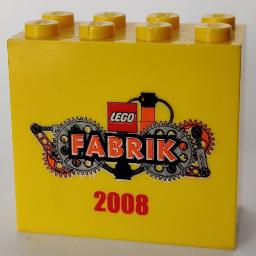 Lego Brick 2 x 4 x 3 with 'LEGO Fabrik 2008' with Orange Text Print / Yellow