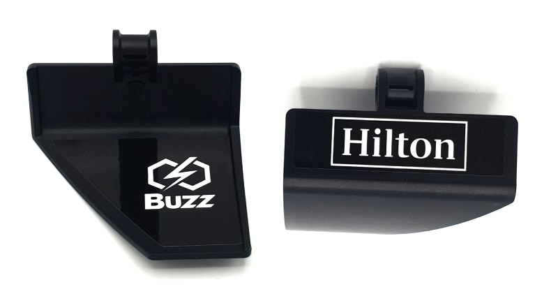 Lego Technic, Panel Curved #70 5 x 4 x 3 Tapered Right with White 'Hilton' on Outside and 'Buzz' on Inside Pattern (Stickers) - Set 42141 (First Version)