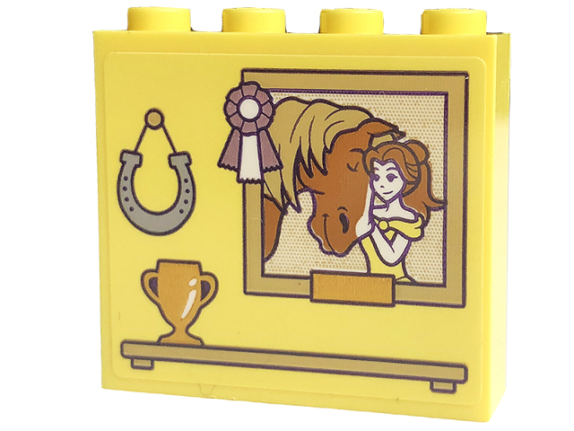 Lego Brick 1 x 4 x 3 with Picture with Horse and Belle, Horseshoe, Bow, and Gold Cup on Shelf Pattern (Sticker) - Set 43195 / Bright Light Yellow
