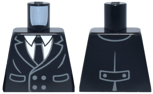 Lego Torso Suit Jacket Double Breasted with Pockets and Dark Bluish Gray Buttons over White Shirt with Collar and Tie Pattern / Black