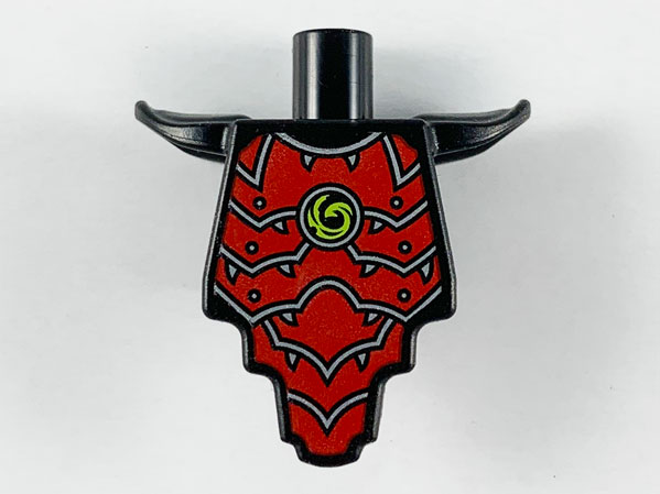 Lego Torso, Modified Short with Smooth Armor Breastplate with Shoulder Pads and Red Armor Plates, Silver Edges and Lime Swirl Pattern / Black