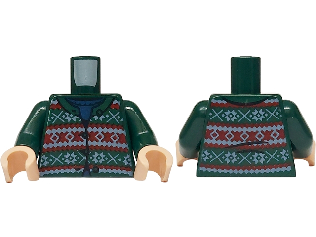 Lego Torso Fair Isle Cardigan Sweater with Red and White Stripes across Top, Middle and Bottom over Blue Shirt Pattern / Dark Green Arms / Light Nougat Hands