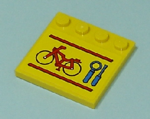 Lego Tile, Modified 4 x 4 with Studs on Edge with Red Bicycle and Lines, Blue Wrench and Screwdriver Pattern (Sticker) - Set 7641 / Yellow