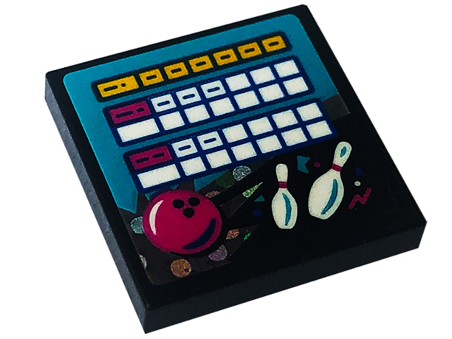 Lego Tile 2 x 2 with Bowling Alley Scoreboard Screen, Dark Pink Ball and White Skittles Pattern (Sticker) - Set 41708 / Black