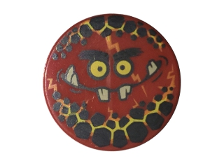 Lego Tile, Round 2 x 2 with Bottom Stud Holder with Globlin Face with Small Teeth Pattern / Red