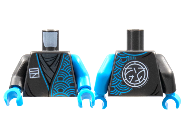 Lego Torso Tunic, Dark Azure Arches, Ninjago Logogram Letter N, Core Logo on Back Pattern / Dark Azure Arm Left / Pearl Dark Gray Arm Right / Dark Azure Hands