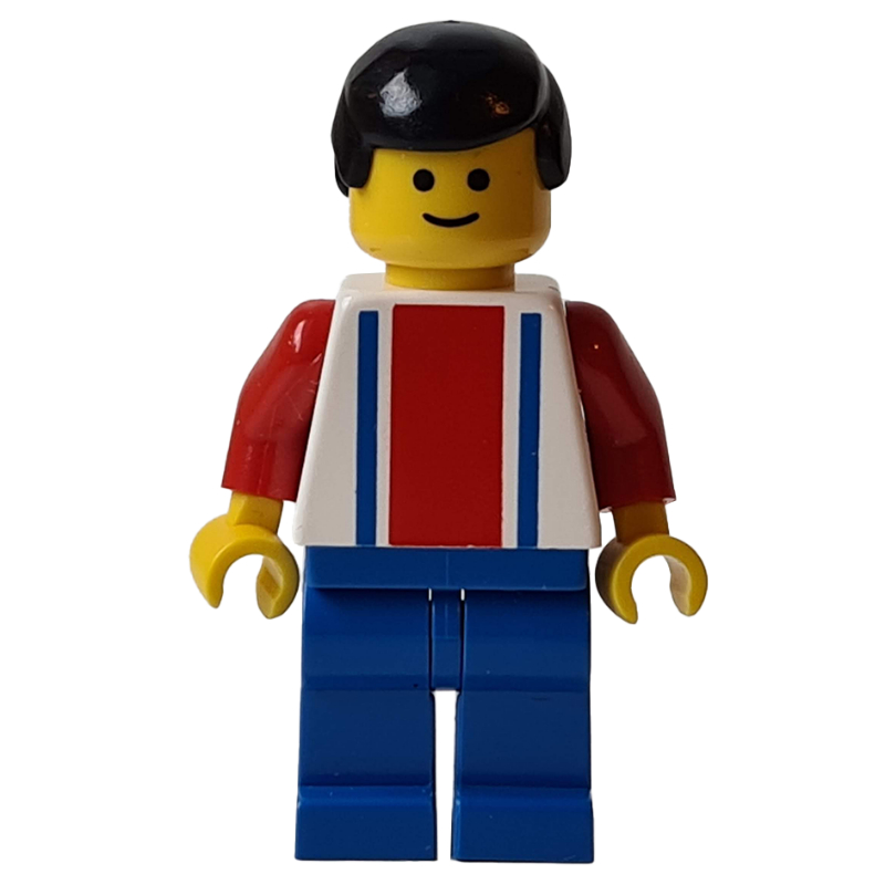 Lego Soccer Player White Torso, Blue/Res Stripes, Blue Legs, Black Hair, #2