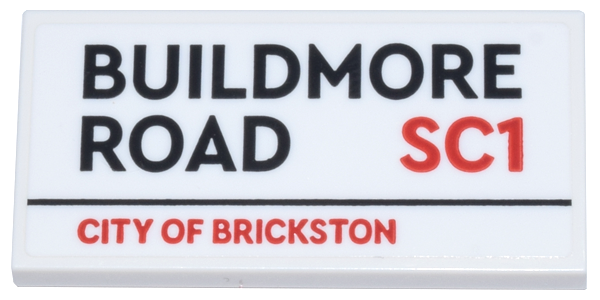 Lego Tile 2 x 4 with Black 'BUILDMORE ROAD' and Red 'SC1' and 'CITY OF BRICKSTON' Pattern (Sticker) - Set 21347 / White