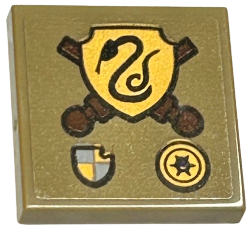 Lego Tile, Modified 2 x 2 Inverted with Reddish Brown Crossed Wands, Gold Slytherin Crest and Symbols Pattern (Sticker) - Set 76410