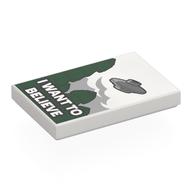 Lego Tile 2 x 3 with 'I WANT TO BELIEVE', Dark Green Trees, UFO Print / White