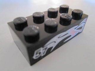 Lego Brick 2 x 4 with Silver and Pink Flames and '57' on Black Background Pattern Model Right Side (Sticker) - Set 8495