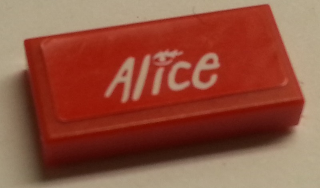 Lego Tile 1 x 2 with White 'Alice' on Red Background Pattern (Sticker) - Set 8142-2