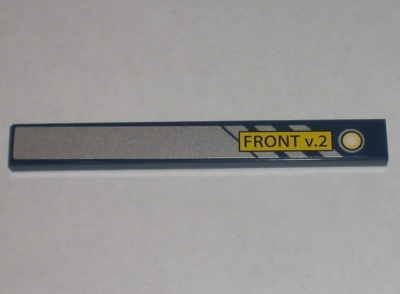 Lego Tile 1 x 8 with 'FRONT v.2' on Yellow Rectangle, Silver Diagonal Stripes and Background Pattern Model Right Side (Sticker) - Set 8971 / Dark Blue