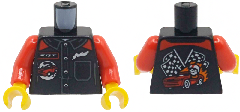 Lego Torso Racing Suit with Dark Bluish Buttons and Pocket, White 'SRT' and 'Hellcat', Red Dodge Car with Skeleton Driver and Checkered Flags on Back Pattern / Red Arms / Yellow Hands