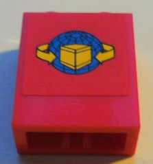Lego Brick 1 x 2 x 2 with Inside Axle Holder with Box and Arrows and Globe on Red Background Pattern (Sticker) - Set 7939