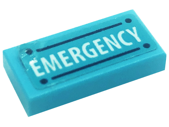 Lego Tile 1 x 2 with Black Lines and White 'EMERGENCY'  Pattern (Sticker) - Set 41318 / Medium Azure
