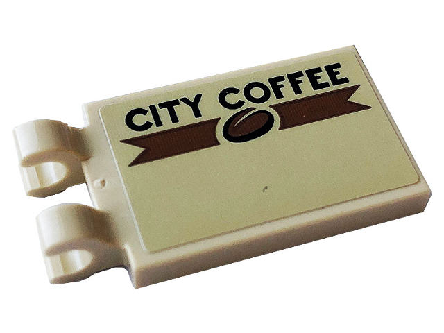 Lego Tile, Modified 2 x 3 with 2 Open O Clips with Black 'CITY COFFEE' and Bean Pattern Model Left Side (Sticker) - Set 60233 / Tan