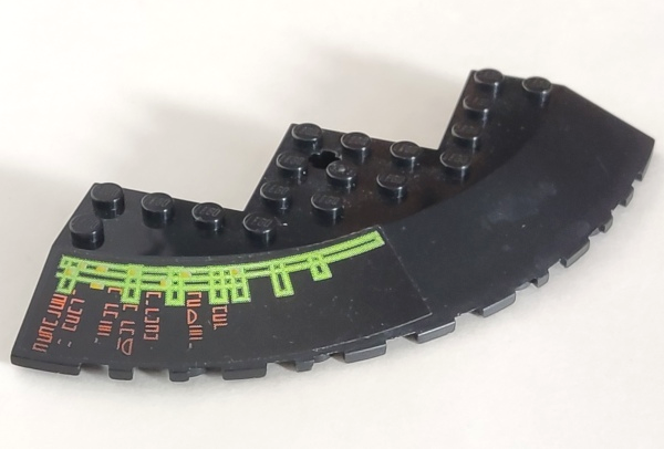 Lego Brick, Round Corner 10 x 10 with Slope 33 Edge, Axle Hole, Facet Cutout with Light Bars and Alien Characters Left Pattern (Sticker) - Set 7693