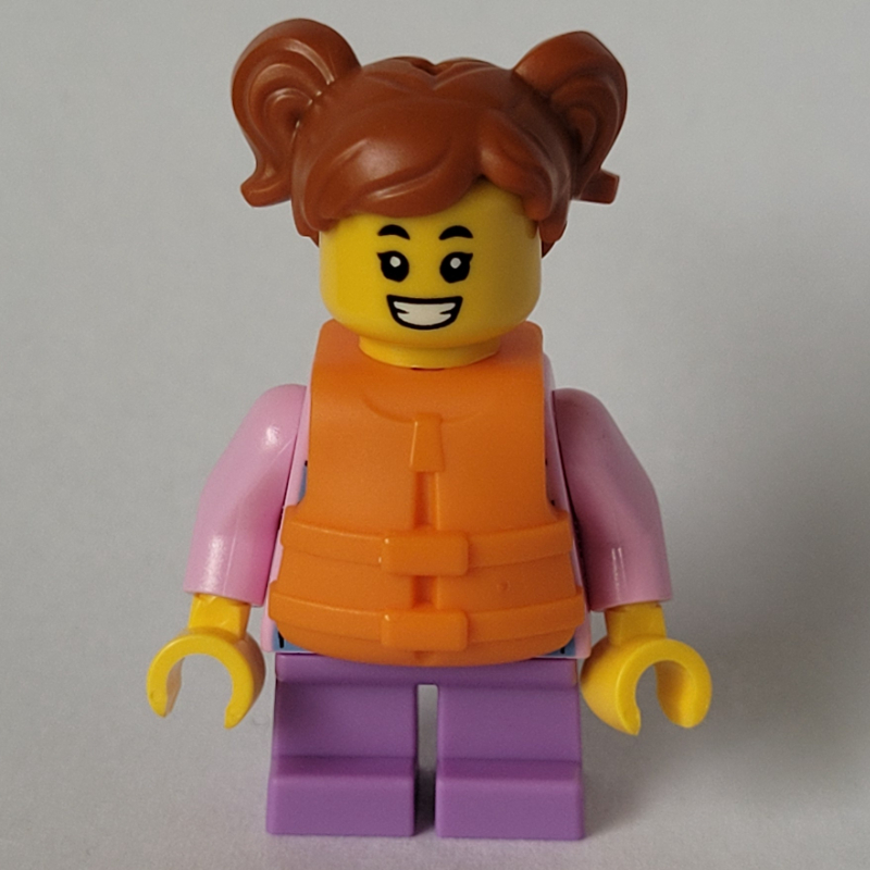 Lego Girl, Pink Hoodie, Short Medium Lavender Legs, Orange Life Jacket, Dark Orange Hair