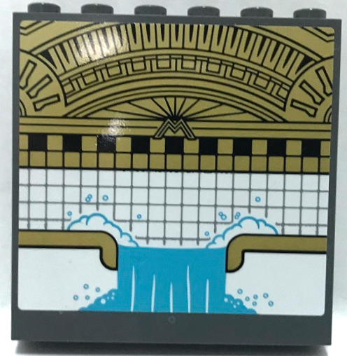 Lego Panel 1 x 6 x 5 with Medium Azure Waterfall and Bubbles, Black, Gold and White Tiles, Arches and Capital Letter M Pattern (Sticker) - Set 70922