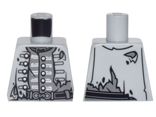 Lego Torso PotC Naval Officer Uniform Tattered with Silver Buttons, Torn Halfway on One Side, Belt Buckle Pattern / Light Bluish Gray