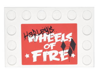 Lego Tile, Modified 4 x 6 with Studs on Edges with Black 'HaRLEy'S' Graffiti over White 'WHEELS OF FIRE' Pattern (Sticker) - Set 76035