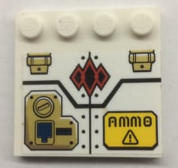 Lego Tile, Modified 4 x 4 with Studs on Edge with Keypad, 'AMMO', Red Diamonds and Rivets Pattern (Sticker) - Set 70595