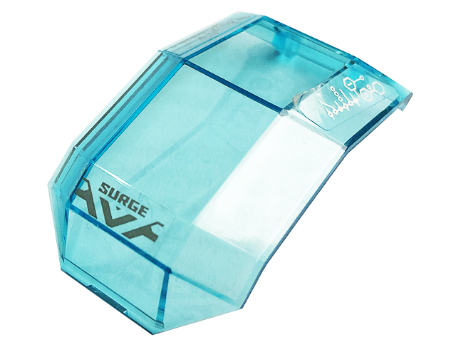 Lego Windscreen 4 x 4 x 4 2/3 with Bar Handle with Silver Chevron, 'SURGE', and Circuitry with Targets Pattern (Stickers) - Set 44028 / Trans-Light Blue