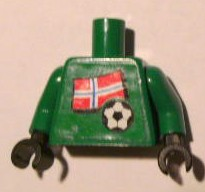 Lego Torso Soccer Norwegian Goalie, Norwegian Flag Sticker Front, White Number Sticker Back Pattern (specify number in listing) / Green Arms / Black Hands